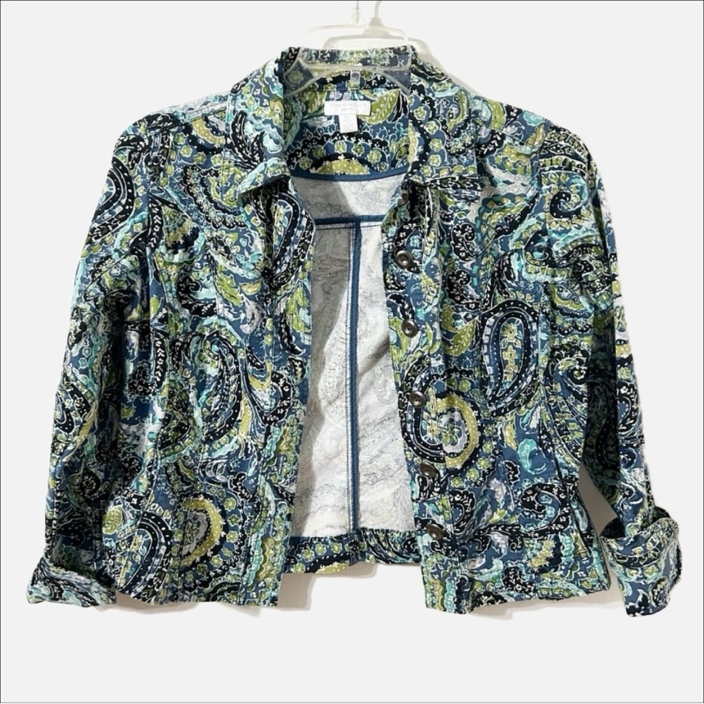 Charter Club Blue and Green Paisley Long Sleeve Button Front Jacket Point Collar